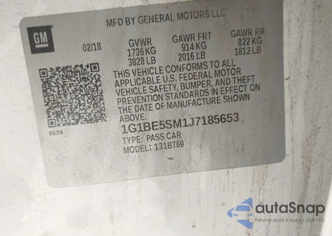 2018 Chevrolet Cruze Lt Auto из США, поврежденный, VIN 1G1BE5SM1J7185653